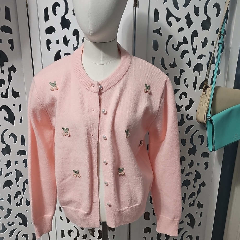 INC International Concepts Pink Cardigan with Butterfly Embroidery